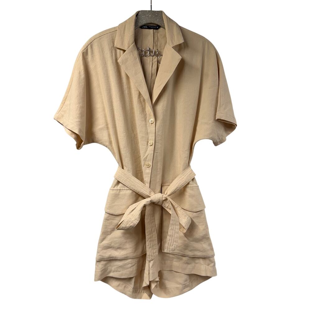 Zara Cream Romper With Lapels Small Short Sleeve Open Back